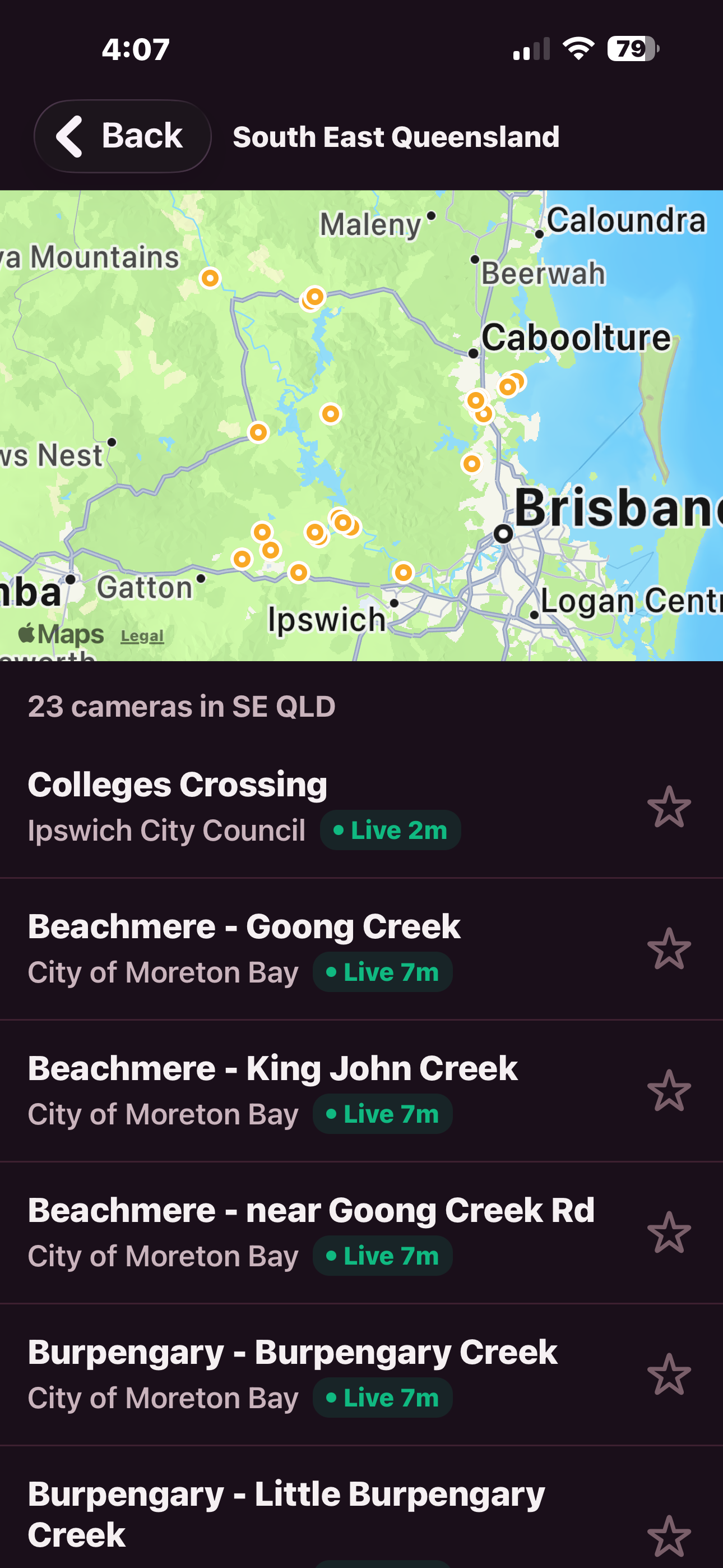 Camera list with live/stale indicators and interactive map