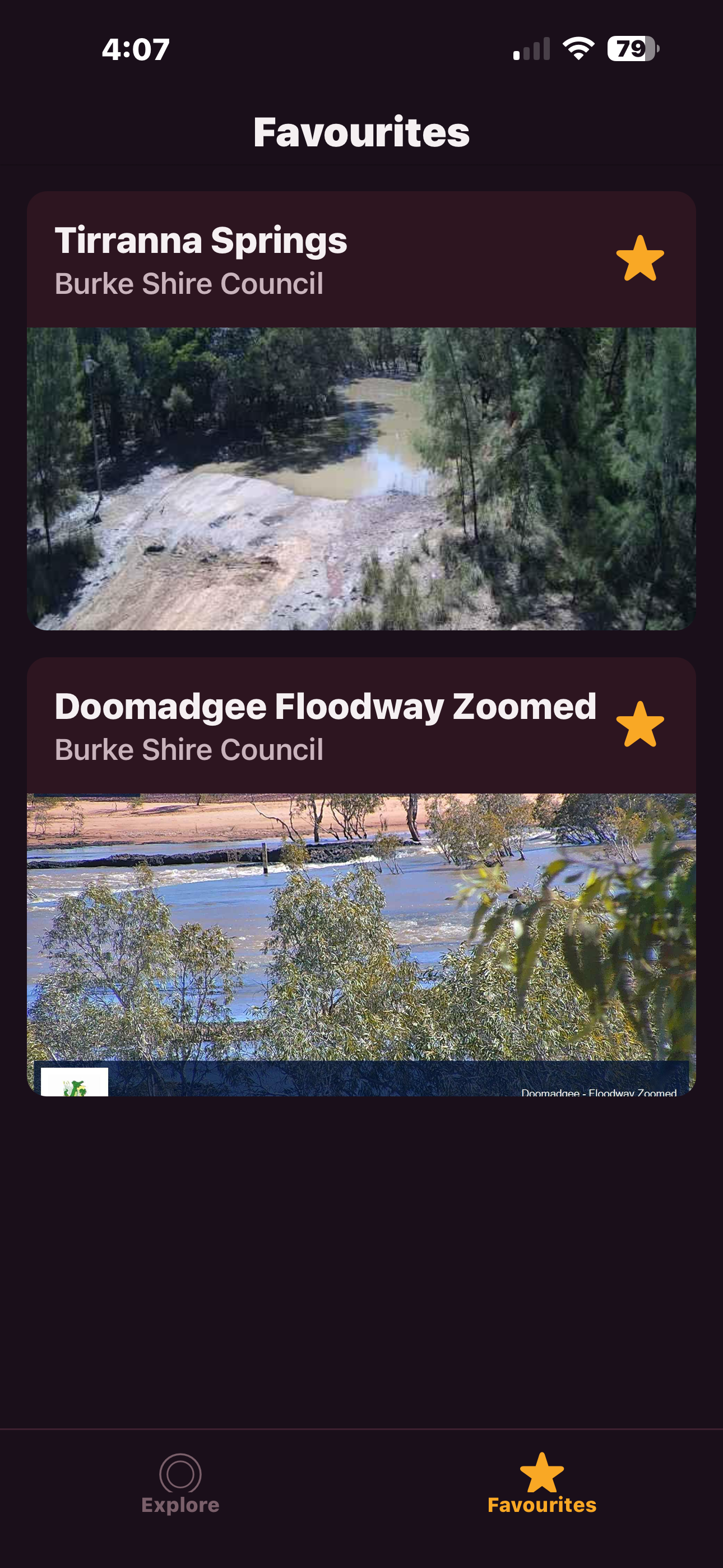 Favourites screen with starred cameras showing live images
