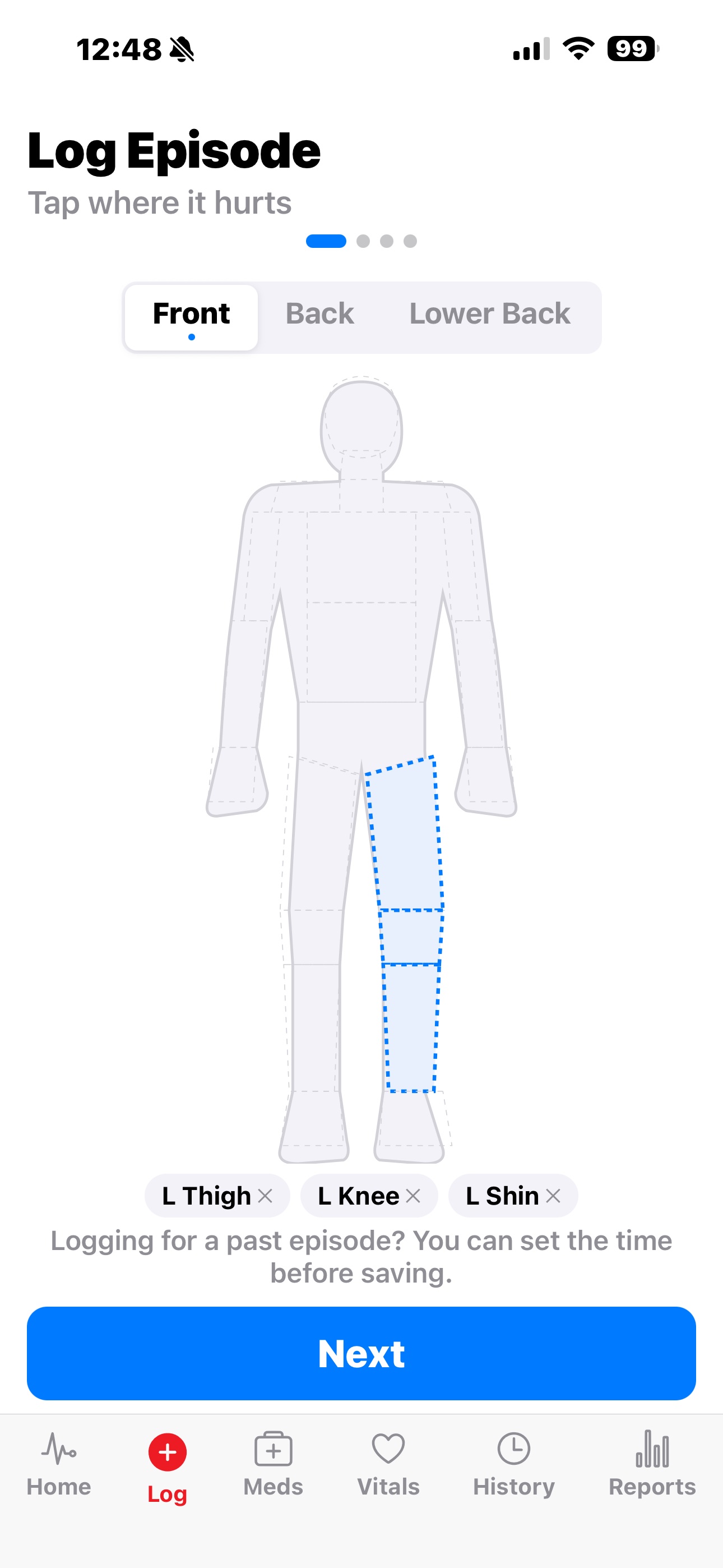 Tapping the front body map to mark left thigh, knee, and shin as affected zones