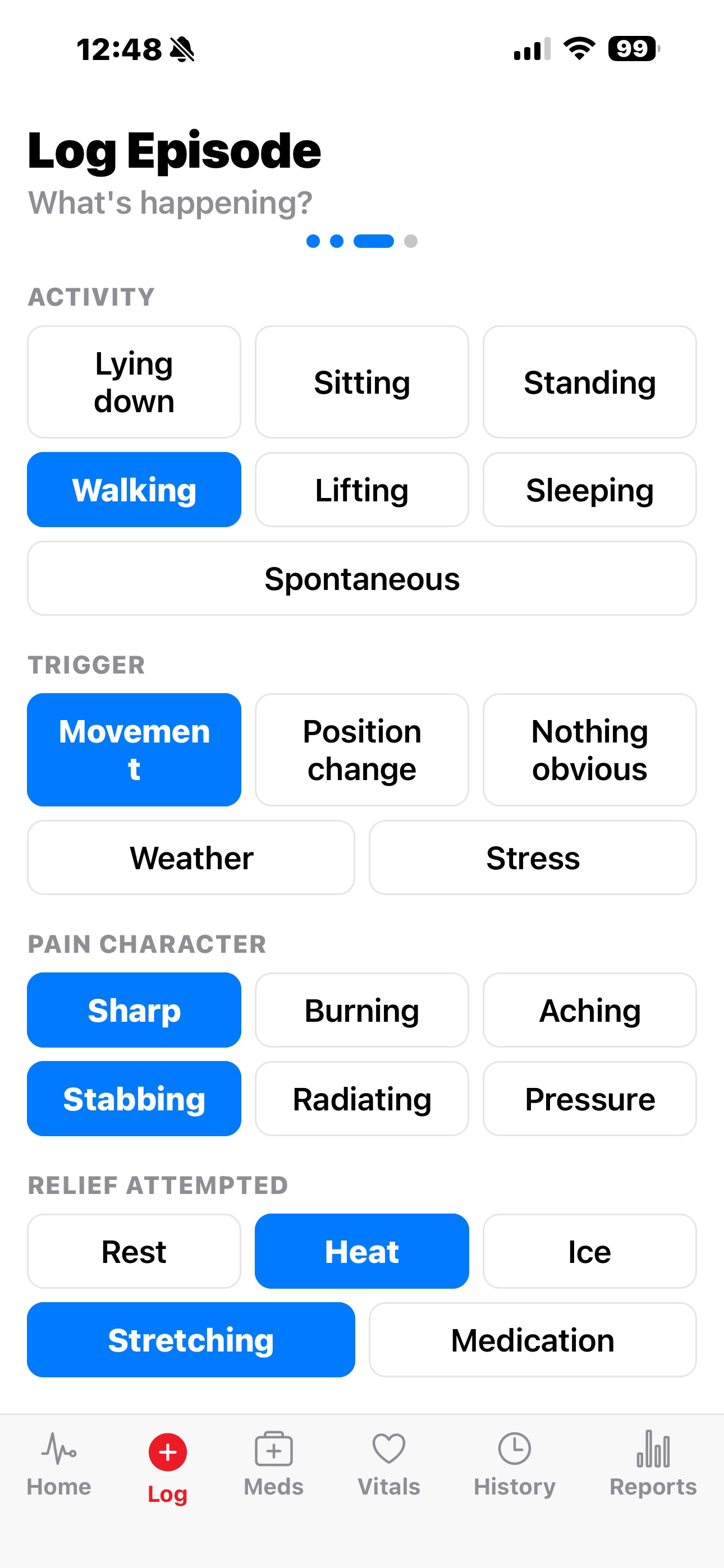 Activity, trigger, pain character, and relief selectors