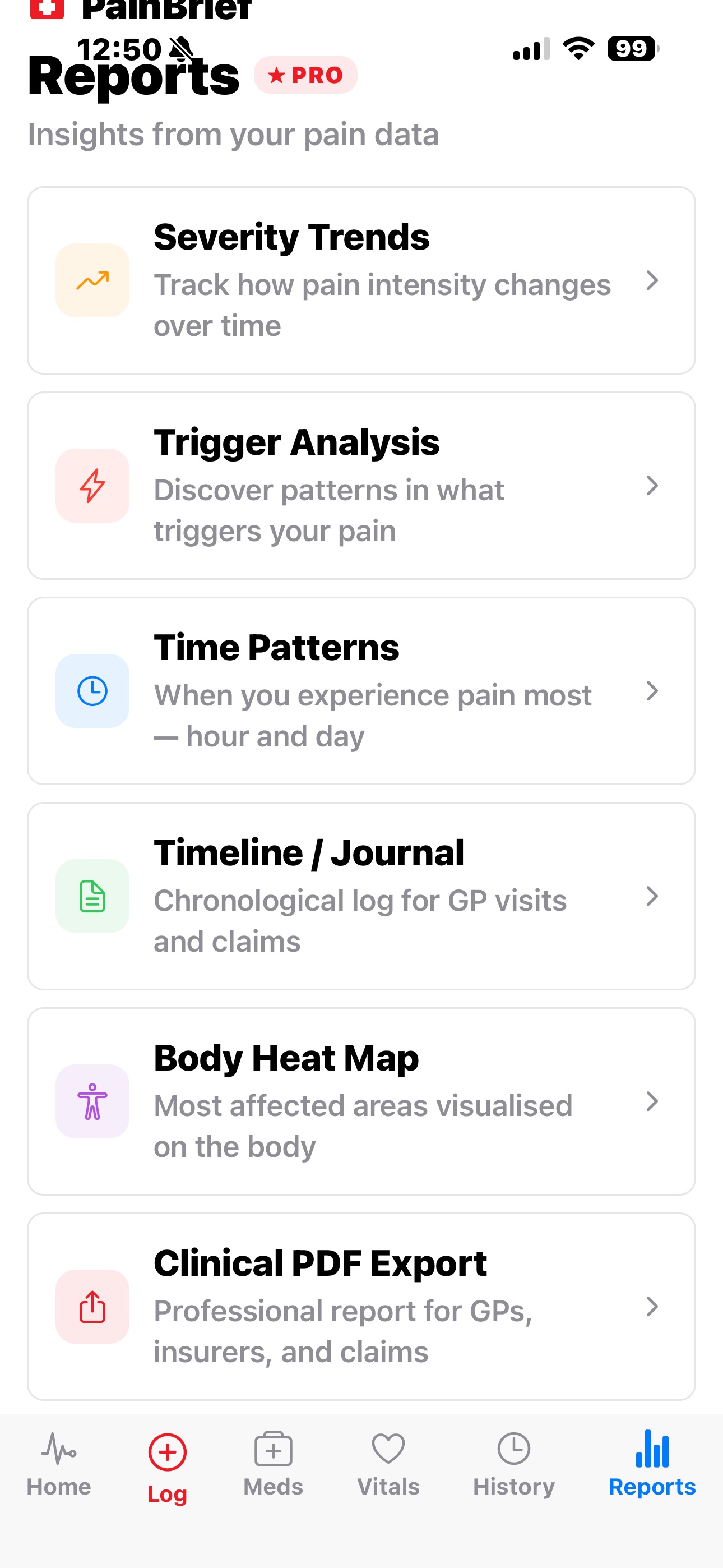 Reports tab with PRO badge after upgrading — all features unlocked