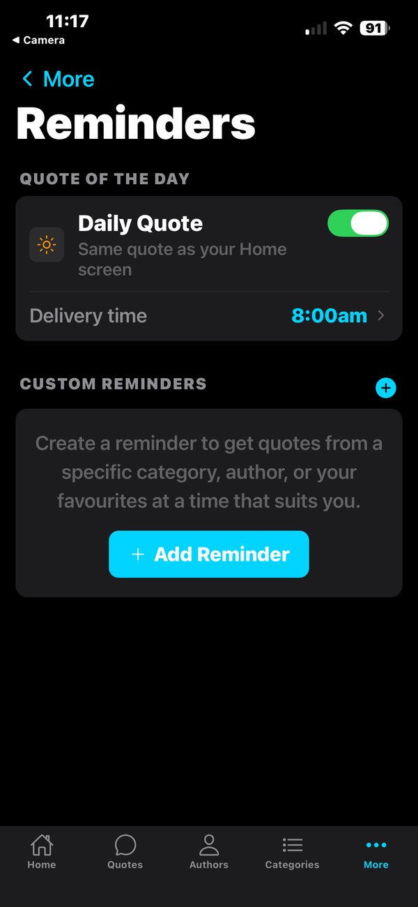 Reminders screen with daily quote and custom schedules